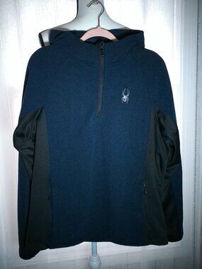 SPYDER Men's Hooded Lg Slve 1/4 Zip-Up Navy Blue & Black Two Tone Sweatshirt L